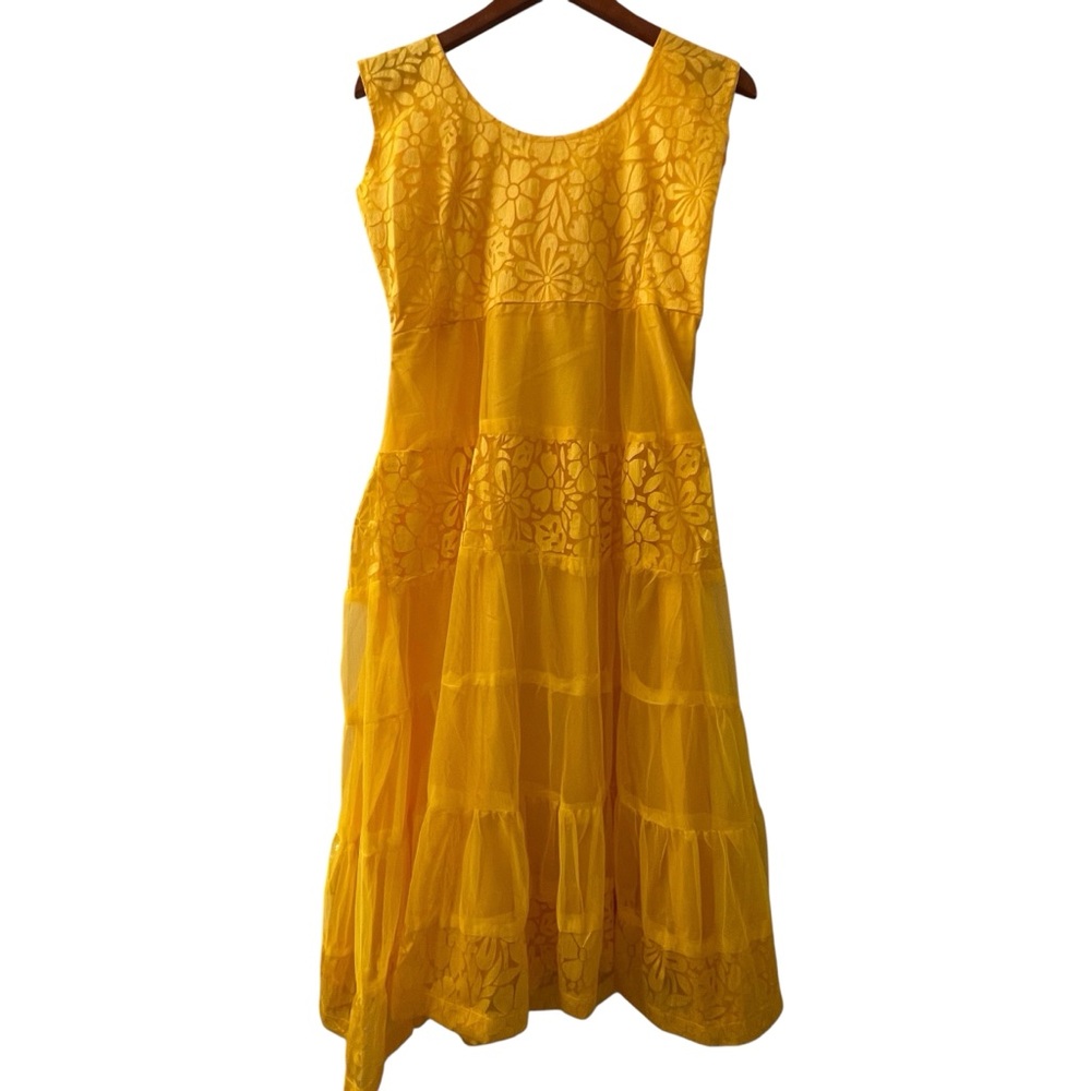 ❤️ Vintage Hand Crafted Bohemian Yellow Chiffon Overlay Maxi Dress - Picture 3 of 5